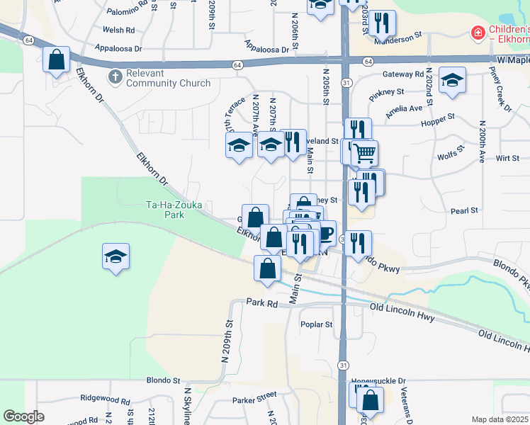 map of restaurants, bars, coffee shops, grocery stores, and more near 20650 Glenn Street in Omaha