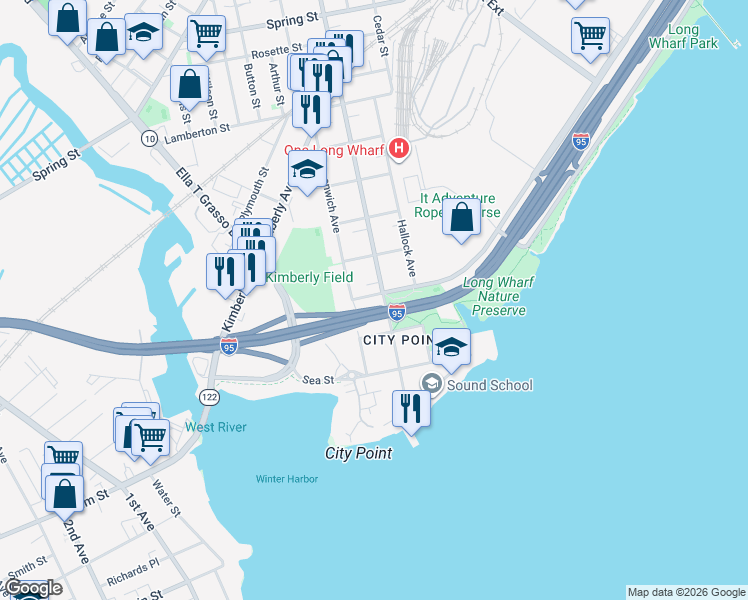 map of restaurants, bars, coffee shops, grocery stores, and more near 142 Howard Avenue in New Haven