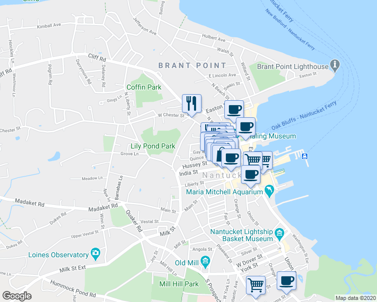 map of restaurants, bars, coffee shops, grocery stores, and more near 8 Westminster Street in Nantucket