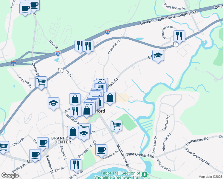 map of restaurants, bars, coffee shops, grocery stores, and more near 10 Svea Avenue in Branford