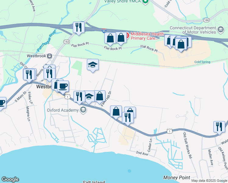map of restaurants, bars, coffee shops, grocery stores, and more near 6 Maple Ridge Road in Westbrook