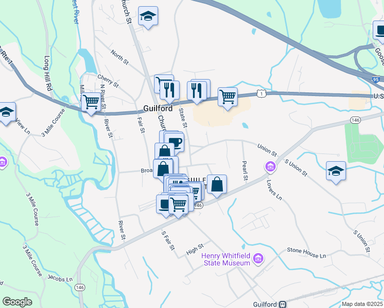 map of restaurants, bars, coffee shops, grocery stores, and more near 1 State Street in Guilford