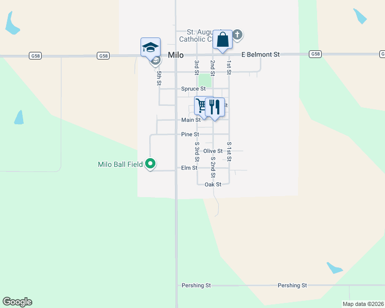 map of restaurants, bars, coffee shops, grocery stores, and more near 316 South 3rd Street in Milo