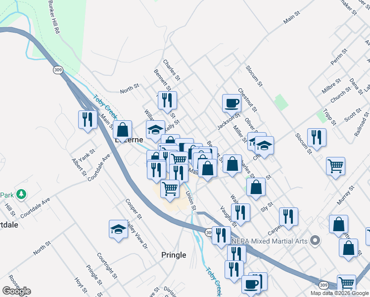map of restaurants, bars, coffee shops, grocery stores, and more near 35 Hughes Street in Luzerne