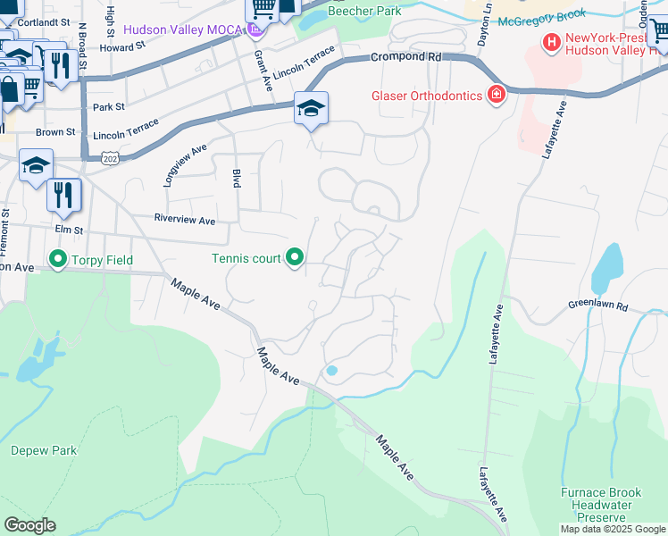 map of restaurants, bars, coffee shops, grocery stores, and more near 28 Bayberry Drive in Peekskill