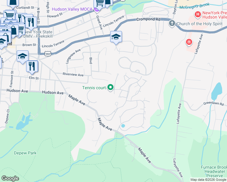 map of restaurants, bars, coffee shops, grocery stores, and more near 200 School House Road in Peekskill