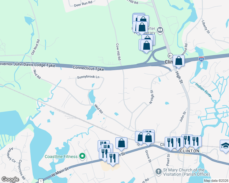 map of restaurants, bars, coffee shops, grocery stores, and more near 41 Cow Hill Road in Clinton
