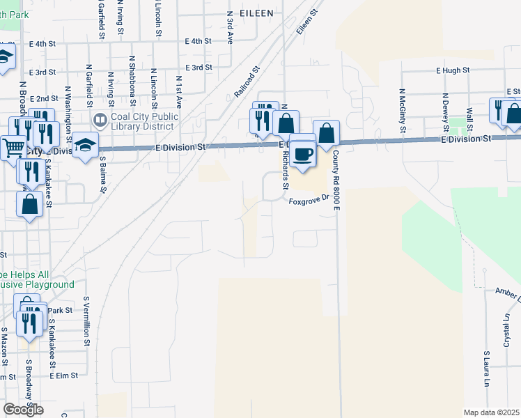 map of restaurants, bars, coffee shops, grocery stores, and more near 910 Jesse Court in Coal City