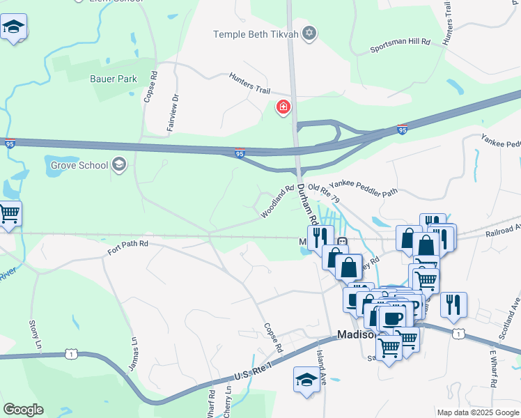 map of restaurants, bars, coffee shops, grocery stores, and more near 37 Woodland Road in Madison