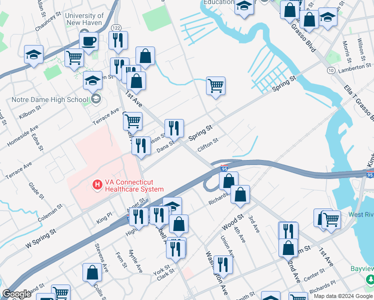 map of restaurants, bars, coffee shops, grocery stores, and more near 782 1st Avenue in West Haven