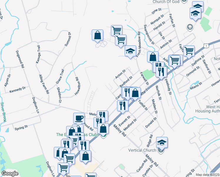map of restaurants, bars, coffee shops, grocery stores, and more near 105 Knox Street in West Haven