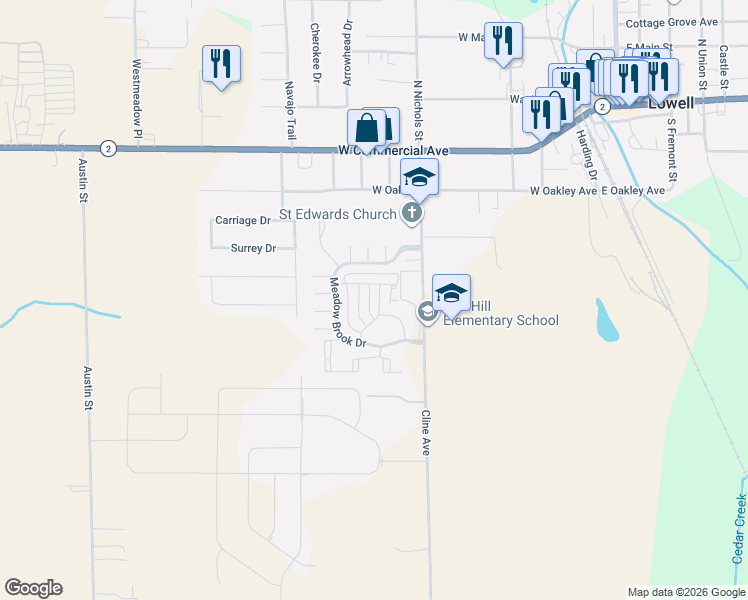 map of restaurants, bars, coffee shops, grocery stores, and more near Dogwood Lane in Lowell