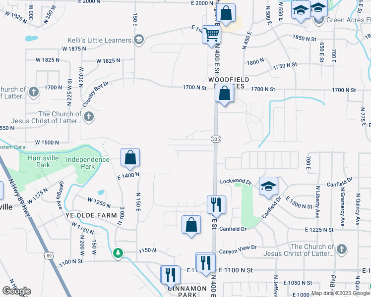 map of restaurants, bars, coffee shops, grocery stores, and more near 289 East 1500 North Street in Harrisville