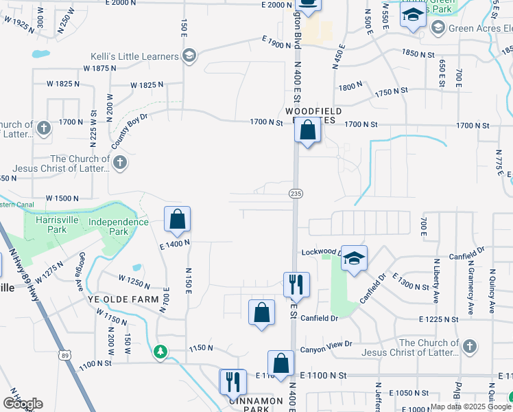map of restaurants, bars, coffee shops, grocery stores, and more near 297 East 1500 North Street in Harrisville