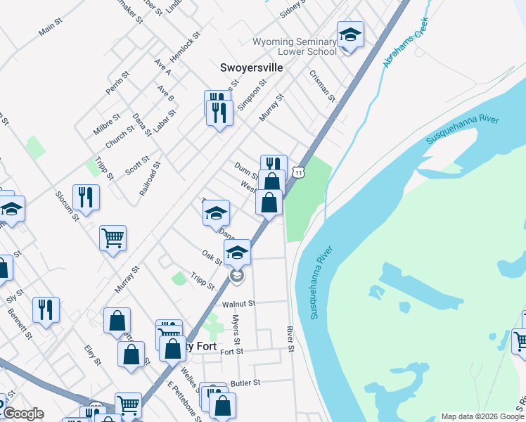 map of restaurants, bars, coffee shops, grocery stores, and more near 1221 Wyoming Ave in Kingston