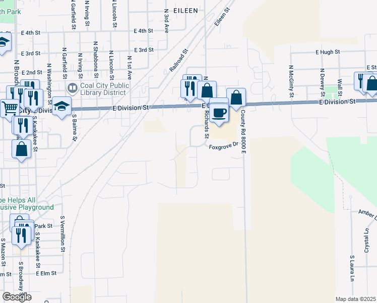 map of restaurants, bars, coffee shops, grocery stores, and more near 910 Jesse Court in Coal City
