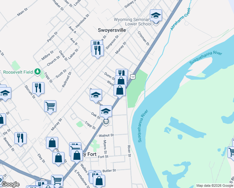 map of restaurants, bars, coffee shops, grocery stores, and more near 1221 Wyoming Ave in Kingston