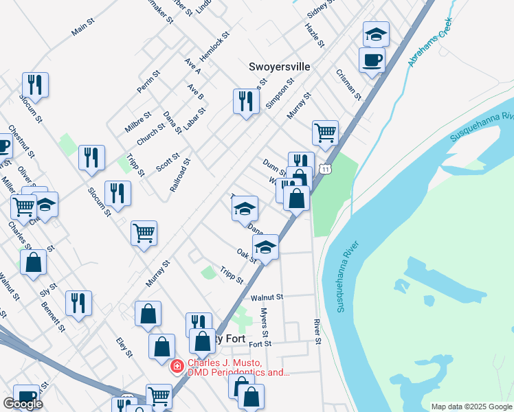 map of restaurants, bars, coffee shops, grocery stores, and more near 56 Bedford Street in Kingston