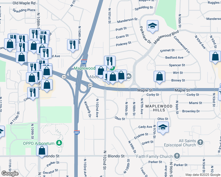 map of restaurants, bars, coffee shops, grocery stores, and more near 10160 Maple St in Omaha