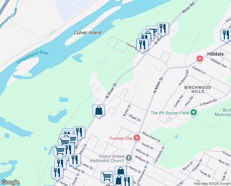 map of restaurants, bars, coffee shops, grocery stores, and more near 50 Slope Street in Wilkes-Barre