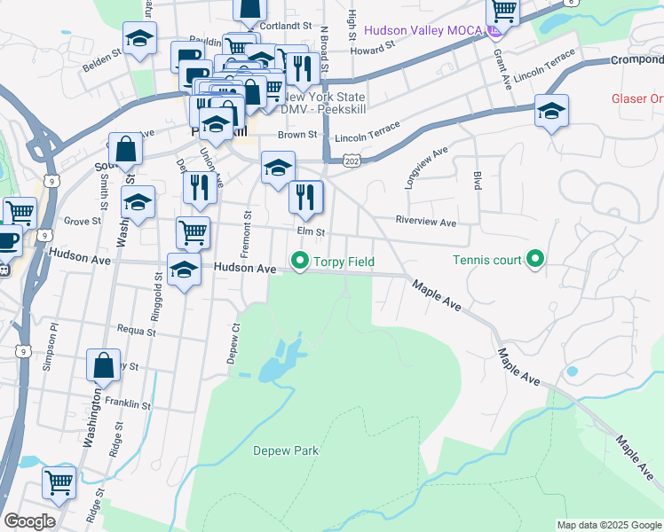 map of restaurants, bars, coffee shops, grocery stores, and more near 1200 Hudson Avenue in Peekskill