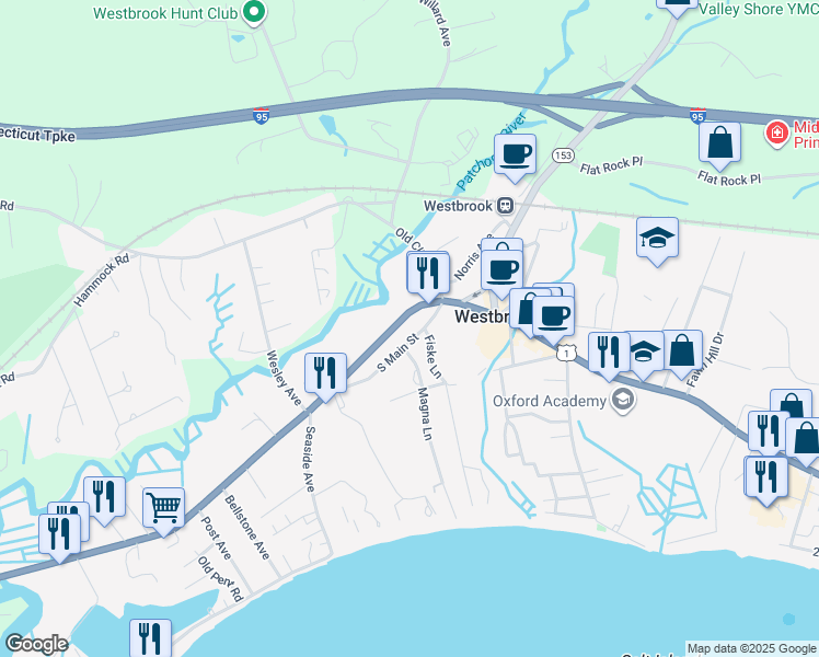 map of restaurants, bars, coffee shops, grocery stores, and more near 56 South Main Street in Westbrook