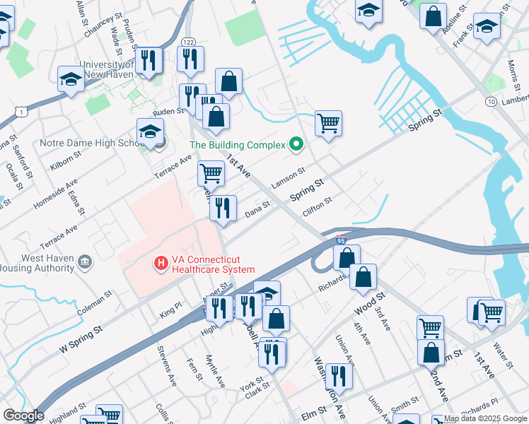 map of restaurants, bars, coffee shops, grocery stores, and more near 204 Spring Street in West Haven