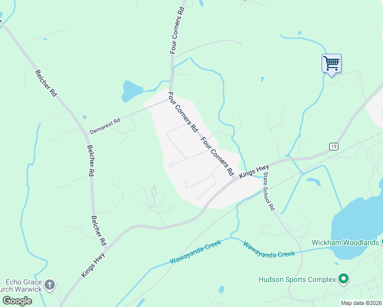map of restaurants, bars, coffee shops, grocery stores, and more near 20 Lakeview Drive in Warwick