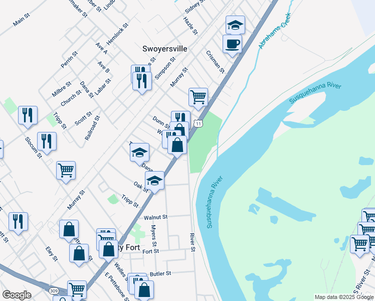map of restaurants, bars, coffee shops, grocery stores, and more near 1255 Wyoming Ave in Forty Fort