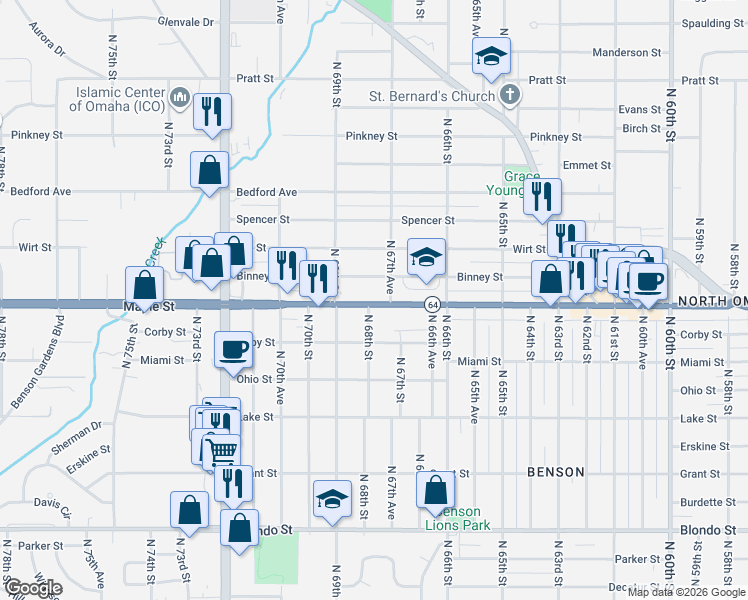 map of restaurants, bars, coffee shops, grocery stores, and more near 2820 North 68th Street in Omaha