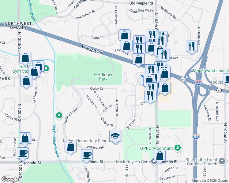 map of restaurants, bars, coffee shops, grocery stores, and more near 2624 North 112th Street in Omaha
