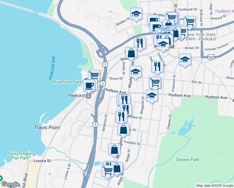 map of restaurants, bars, coffee shops, grocery stores, and more near 309 Simpson Place in Peekskill