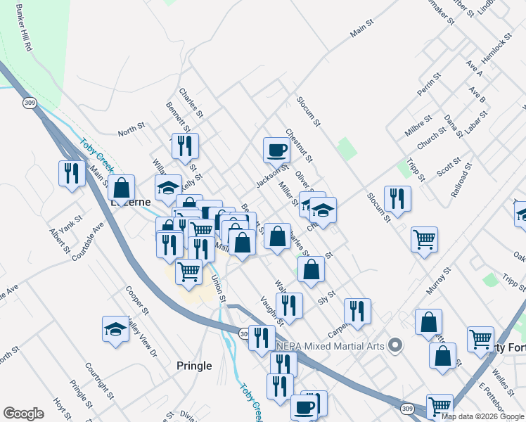 map of restaurants, bars, coffee shops, grocery stores, and more near 525 Bennett Street in Luzerne