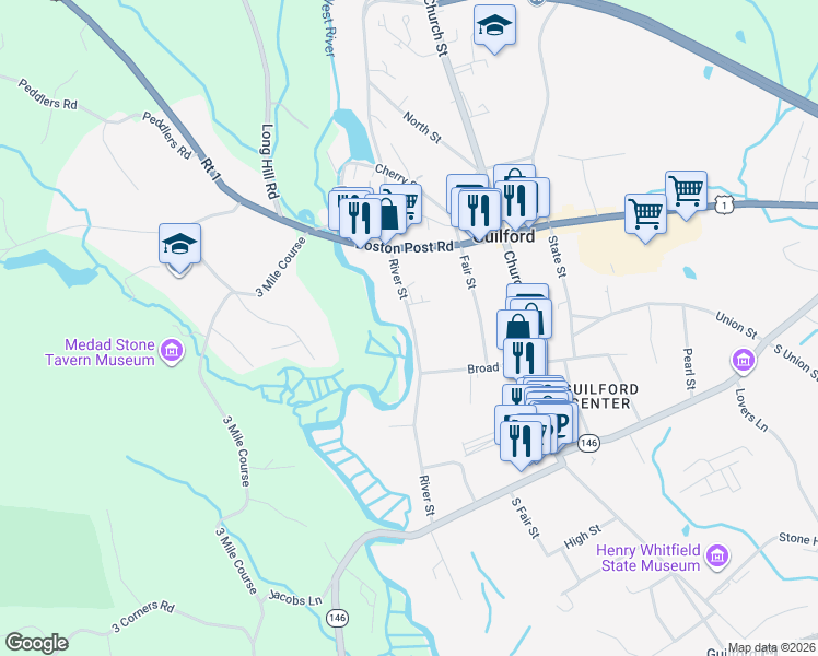 map of restaurants, bars, coffee shops, grocery stores, and more near 186 River Street in Guilford