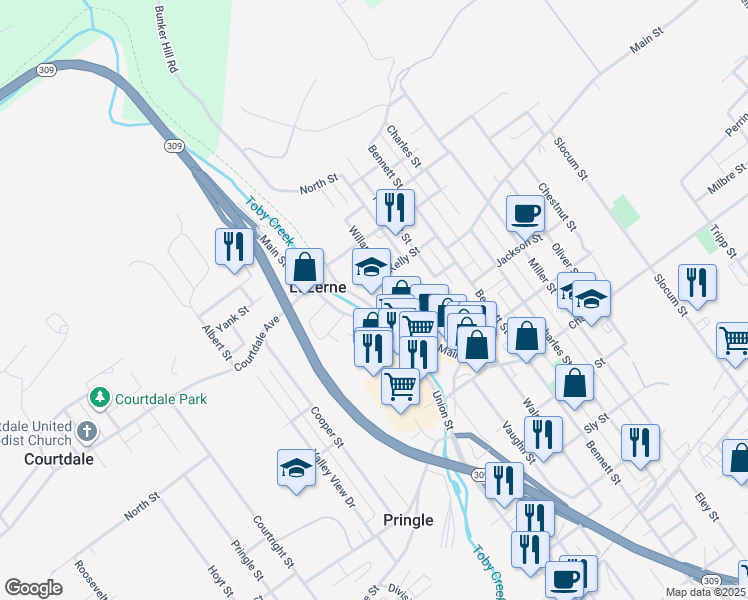 map of restaurants, bars, coffee shops, grocery stores, and more near 160 Main Street in Luzerne