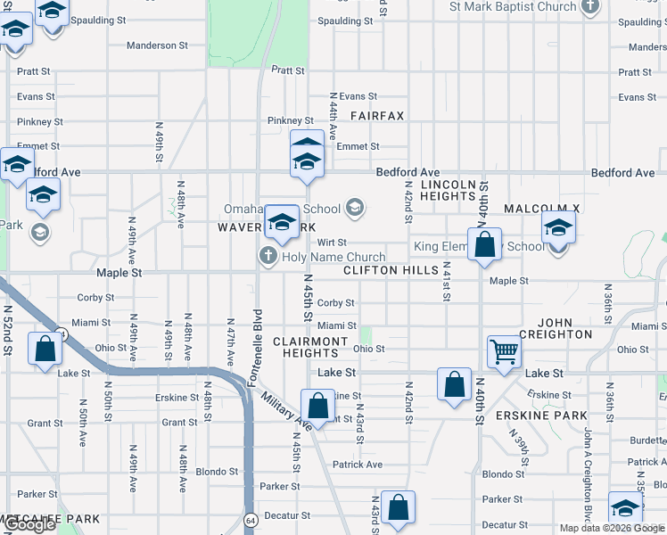 map of restaurants, bars, coffee shops, grocery stores, and more near 4320 Maple Street in Omaha