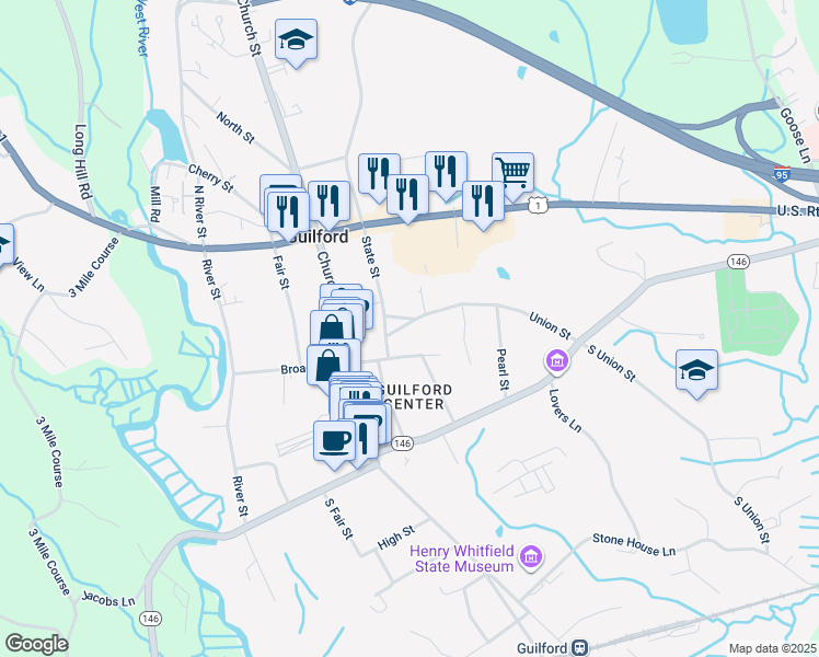 map of restaurants, bars, coffee shops, grocery stores, and more near 19 Union Street in Guilford