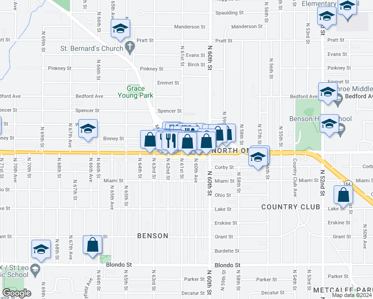 map of restaurants, bars, coffee shops, grocery stores, and more near 6064 Maple Street in Omaha
