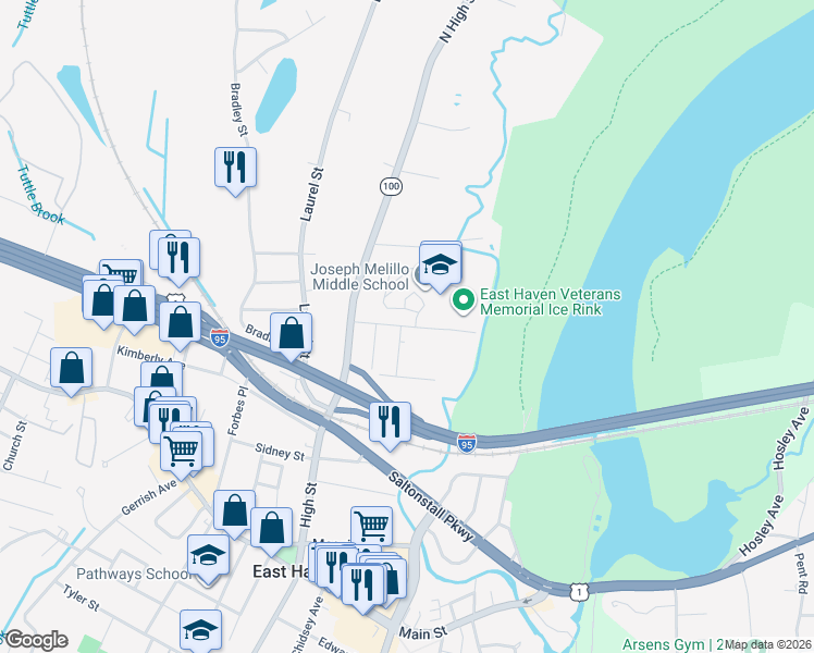 map of restaurants, bars, coffee shops, grocery stores, and more near 67 Hudson Street in East Haven