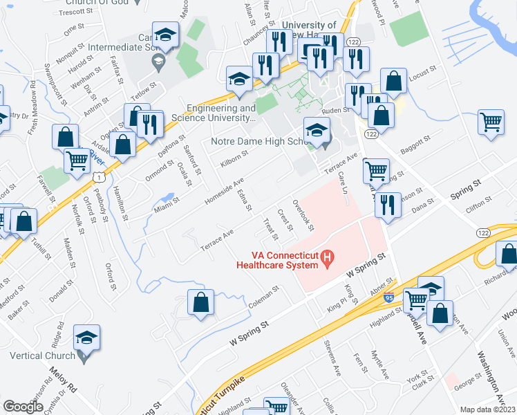 map of restaurants, bars, coffee shops, grocery stores, and more near 199 Terrace Avenue in West Haven