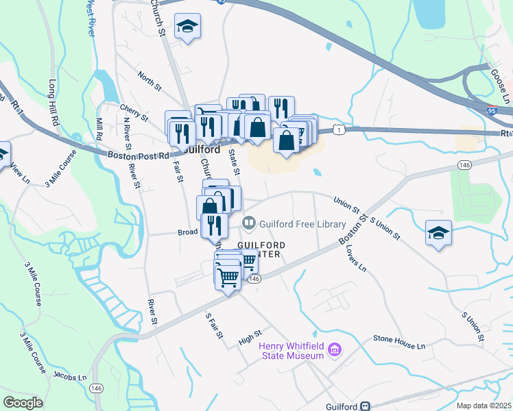 map of restaurants, bars, coffee shops, grocery stores, and more near 19 Union Street in Guilford