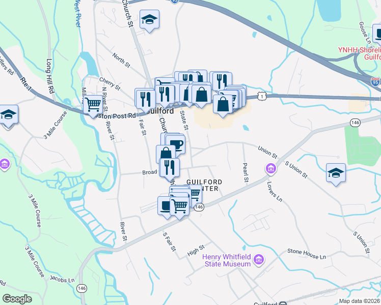 map of restaurants, bars, coffee shops, grocery stores, and more near 49 State Street in Guilford