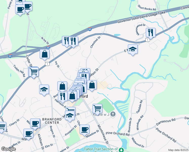 map of restaurants, bars, coffee shops, grocery stores, and more near 2 Hamre Lane in Branford