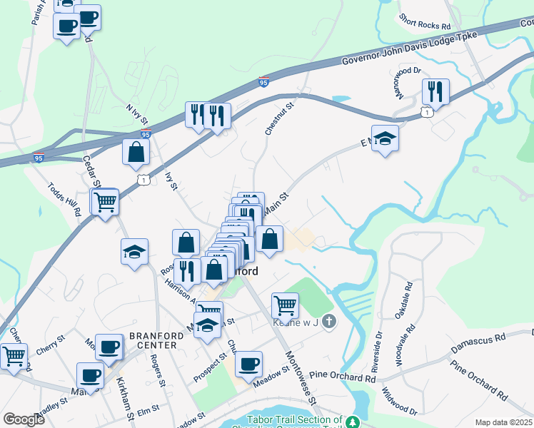 map of restaurants, bars, coffee shops, grocery stores, and more near 2 Hamre Lane in Branford