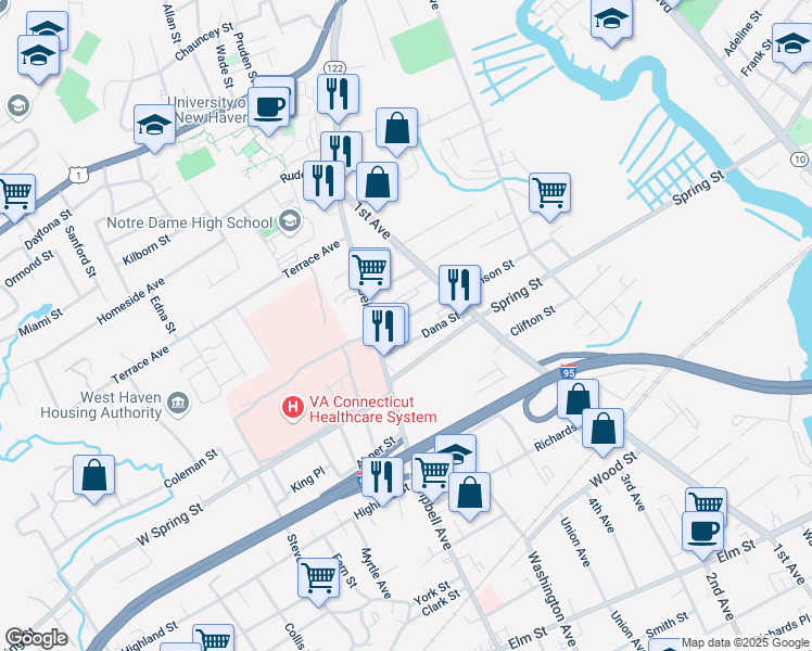 map of restaurants, bars, coffee shops, grocery stores, and more near 54 Alling Street in West Haven