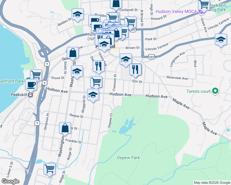 map of restaurants, bars, coffee shops, grocery stores, and more near 208 Walnut Street in Peekskill
