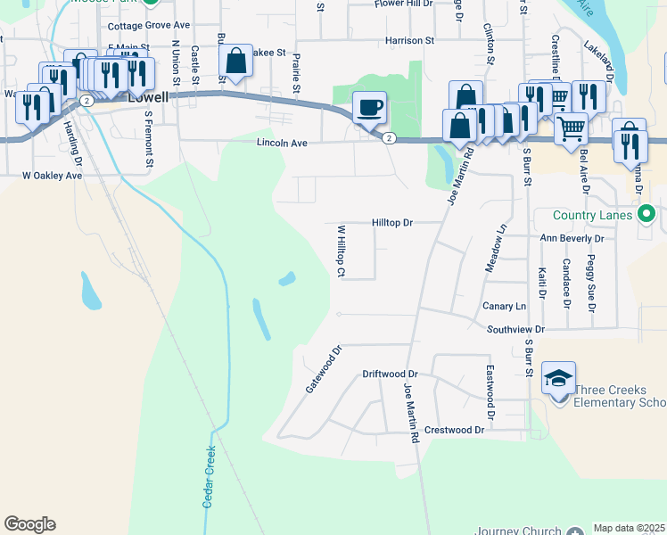 map of restaurants, bars, coffee shops, grocery stores, and more near 408 West Hilltop Court in Lowell