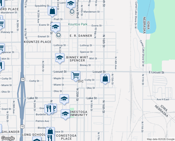 map of restaurants, bars, coffee shops, grocery stores, and more near 1819 Binney Street in Omaha