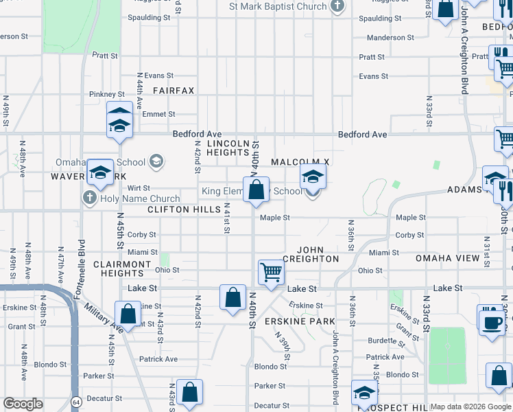map of restaurants, bars, coffee shops, grocery stores, and more near 3829 Wirt Street in Omaha