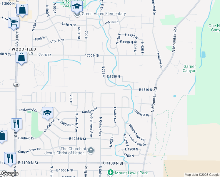 map of restaurants, bars, coffee shops, grocery stores, and more near 453 East 1525 North in North Ogden